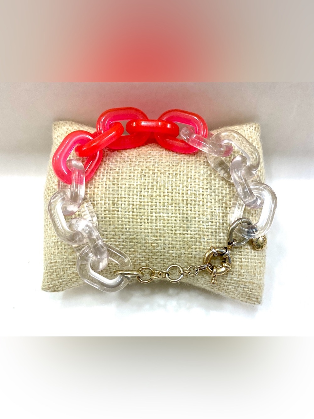 J.Crew Chunky Clear Neon Pink Orange Resin Chain Link Bracelet Colorblock Toggle